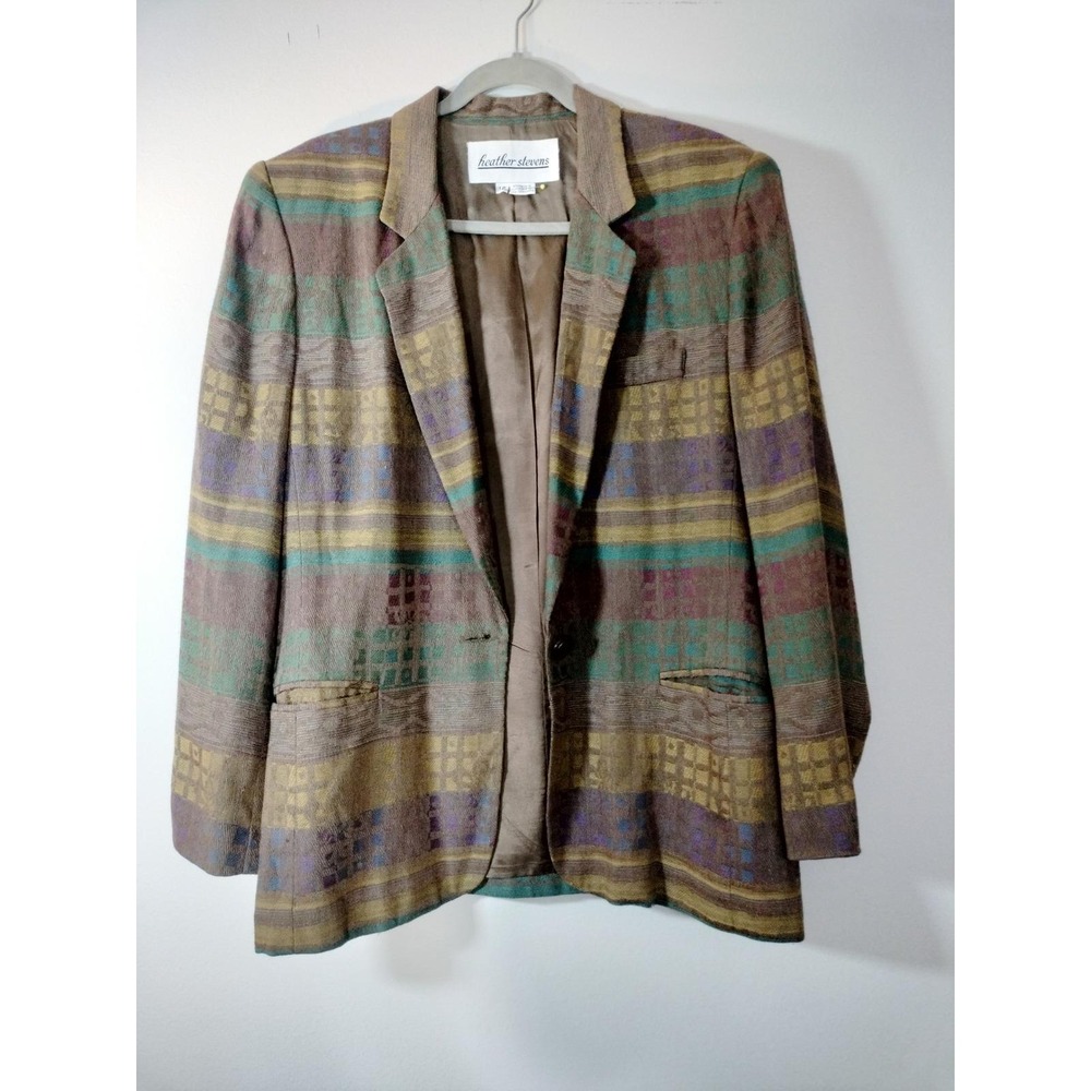 Vintage Heather Stevens Woven Tapestry Blazer Jacket Brown & Teal